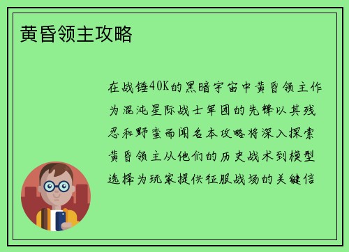 黄昏领主攻略