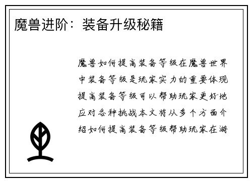 魔兽进阶：装备升级秘籍